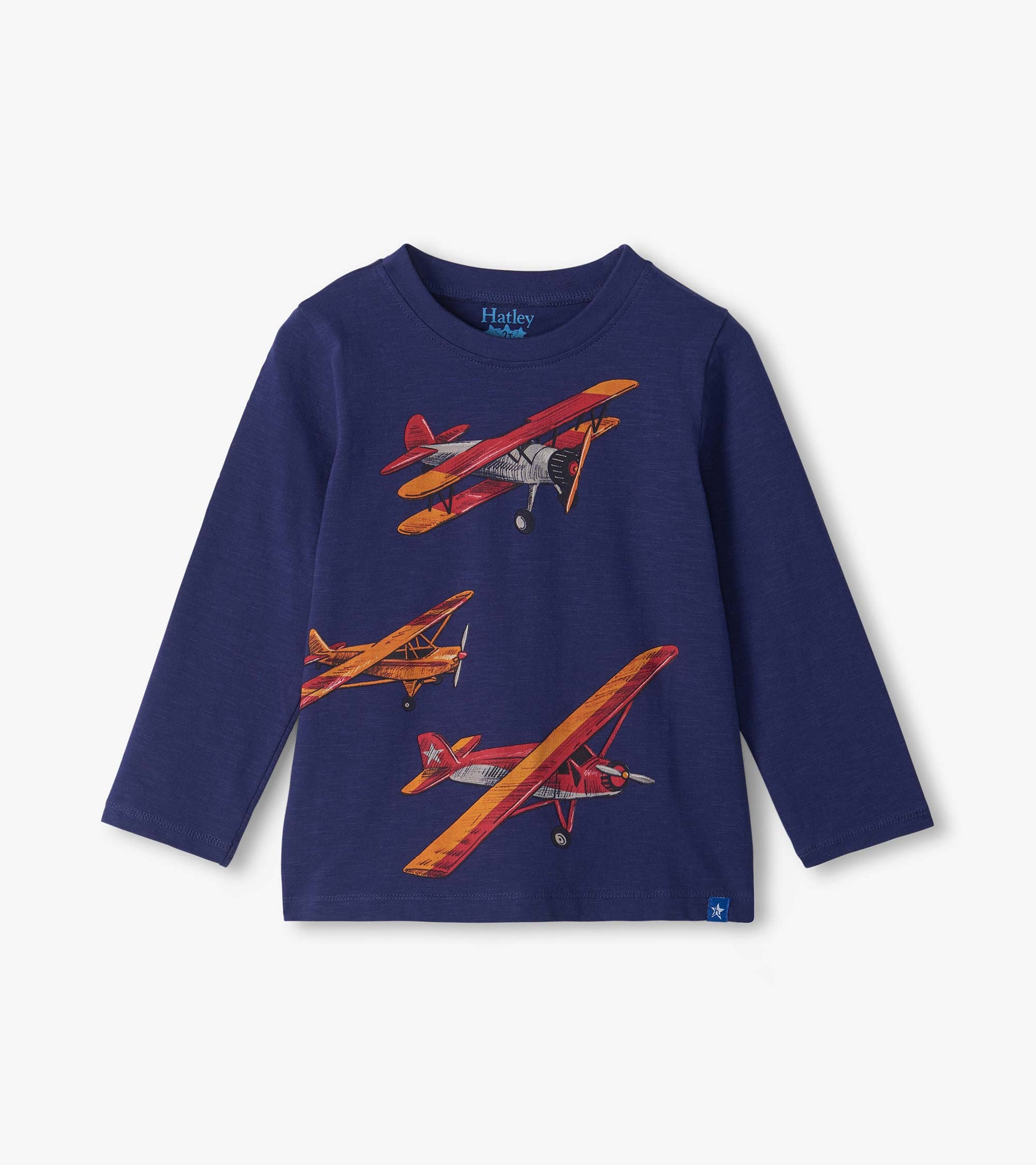 Infant navy long sleeve crew neck tee with red, orange, and gray vintage airplane print