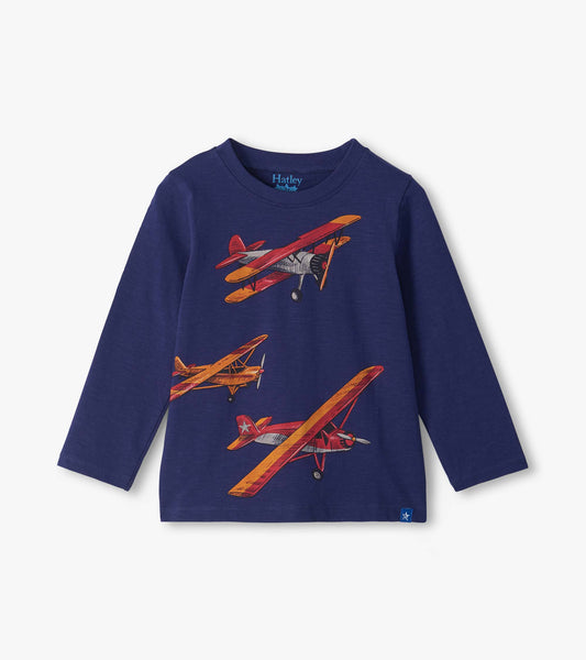 Infant navy long sleeve crew neck tee with red, orange, and gray vintage airplane print