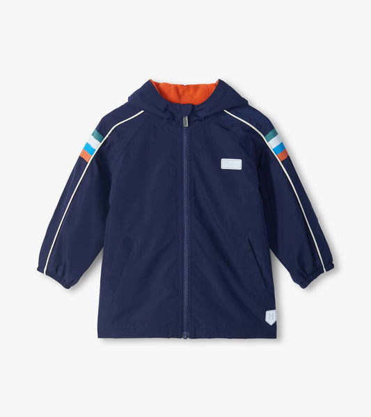 Front view of dark navy hooded raincoat with orange lining, striped shoulders, zip front, and side pockets