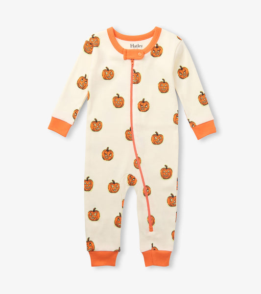 Front view of baby sleeper with orange jack-o'-lantern print, orange cuffs, and front zipper with snap tab
