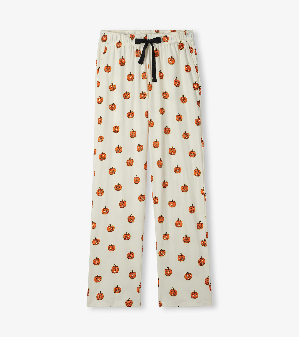 Men's pajama pants in cream with orange jack-o'-lantern print and black drawstring waist