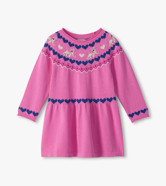 Pink long-sleeve flared sweater dress with blue heart bands and white dog and heart pattern at the yoke