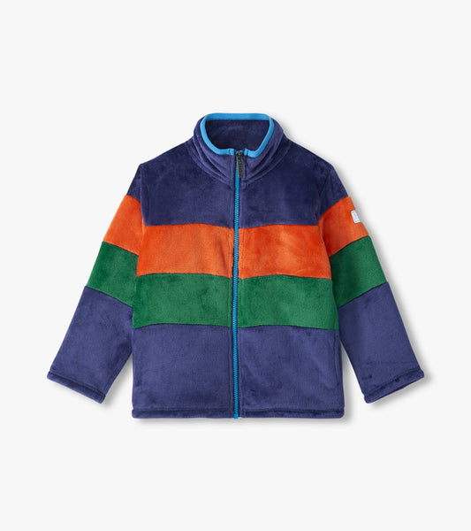 Front view of boys colourblock mockneck fleece jacket in blue, orange and green with full zip