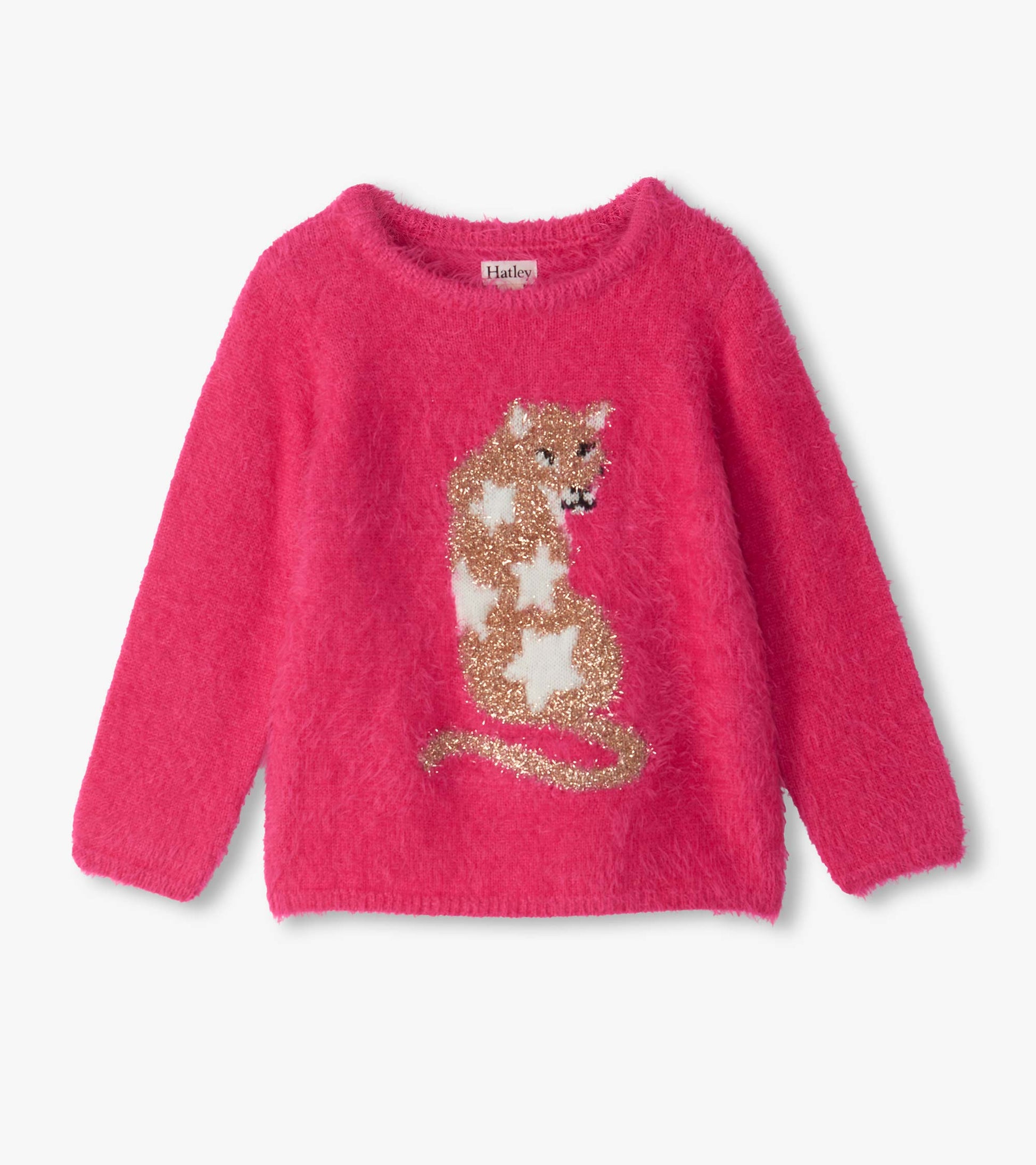 Bright pink fuzzy kids sweater with a glitter cat graphic on the front