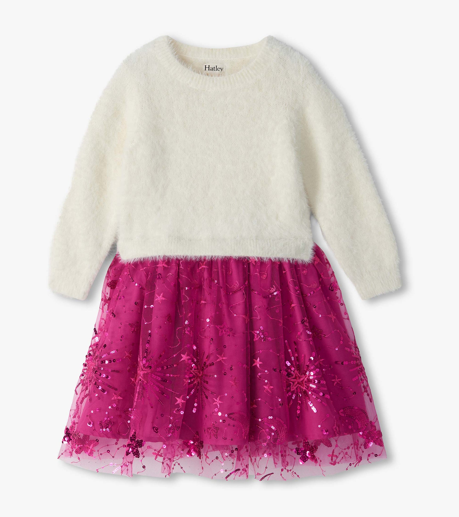 Girls dress with cream fuzzy long-sleeve top and bright pink sequined starburst skirt