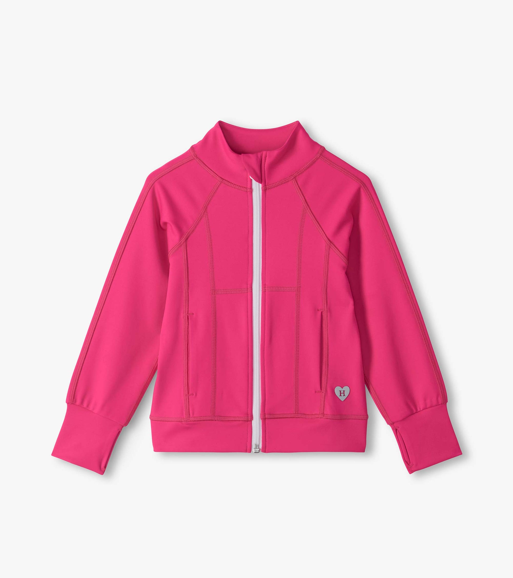 Bright pink active jacket with a white front zipper, high neck, and long sleeves with thumbhole cuffs