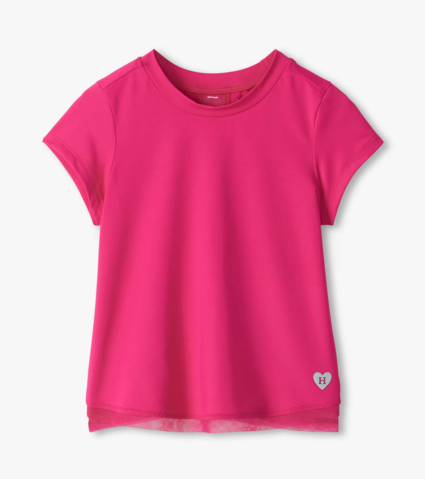Front view of bright pink tee shirt with short sleeves, mesh trim hem, and small heart H patch near hem