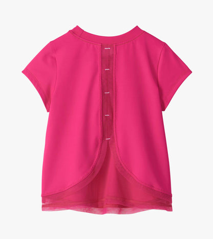 Back view of bright pink tee shirt with short sleeves, center mesh panel, and mesh trim hem