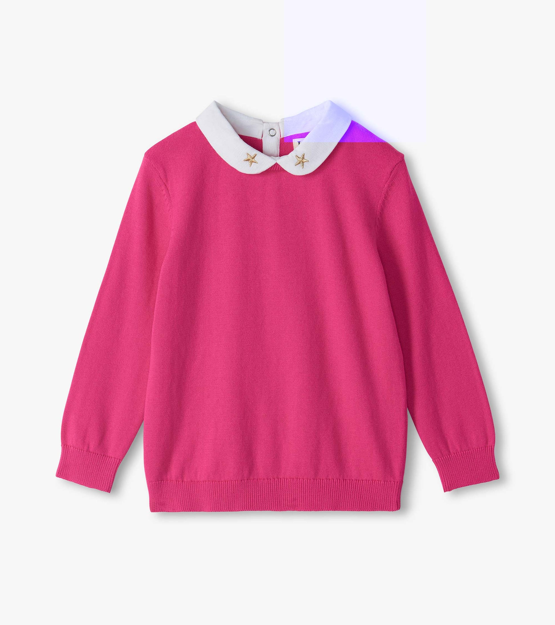 Bright pink long-sleeve sweater with a white Peter Pan collar and gold star embroidery
