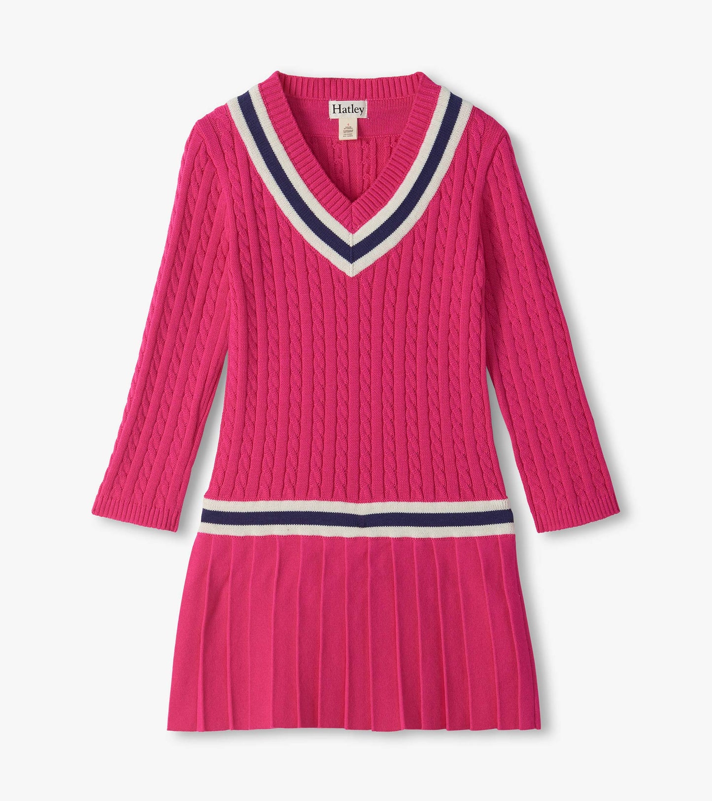 Pink long-sleeve cable knit dress with V-neck striped trim and pleated skirt
