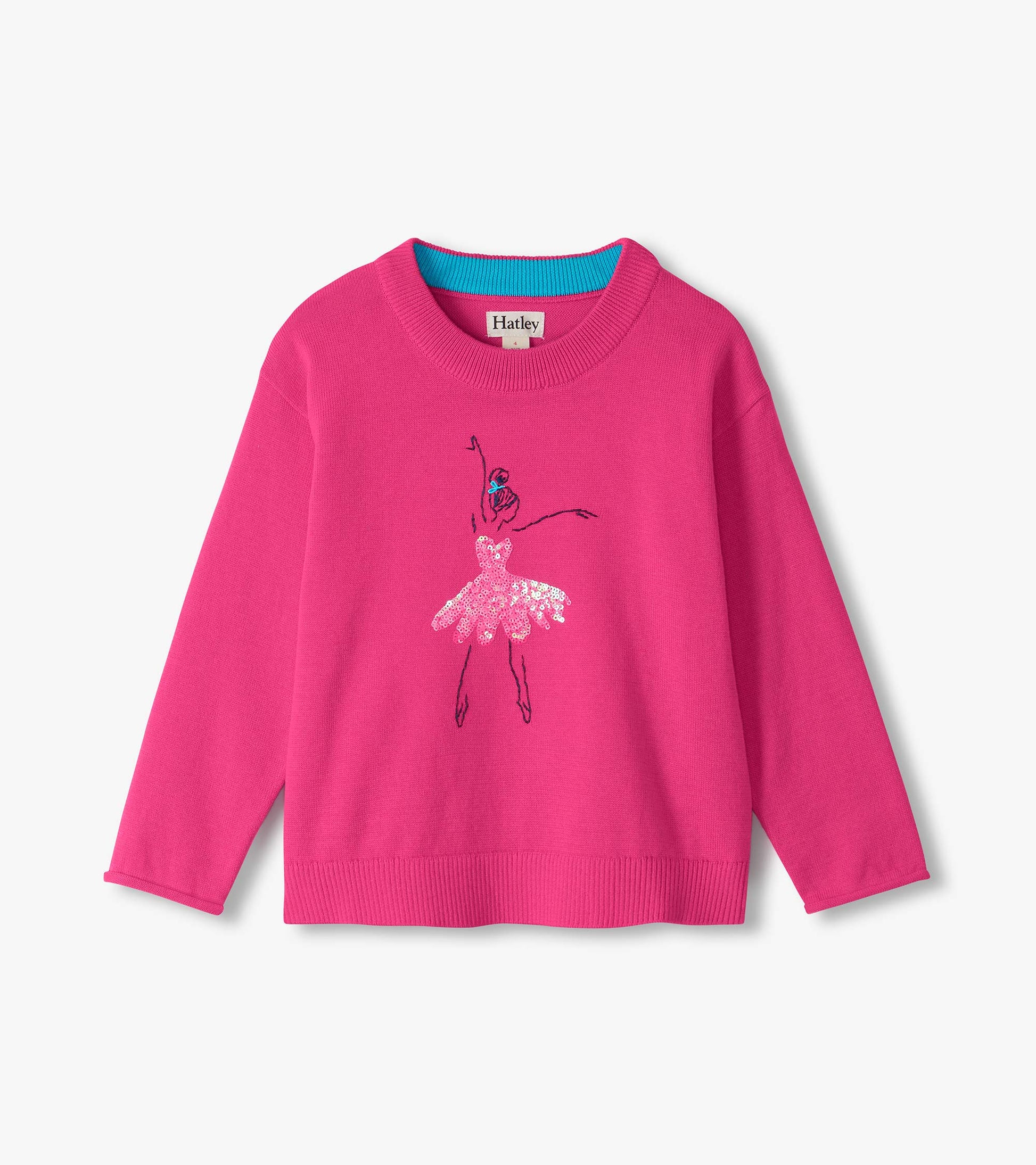Front view of bright pink crew neck sweater with ballerina graphic and pink sequin tutu