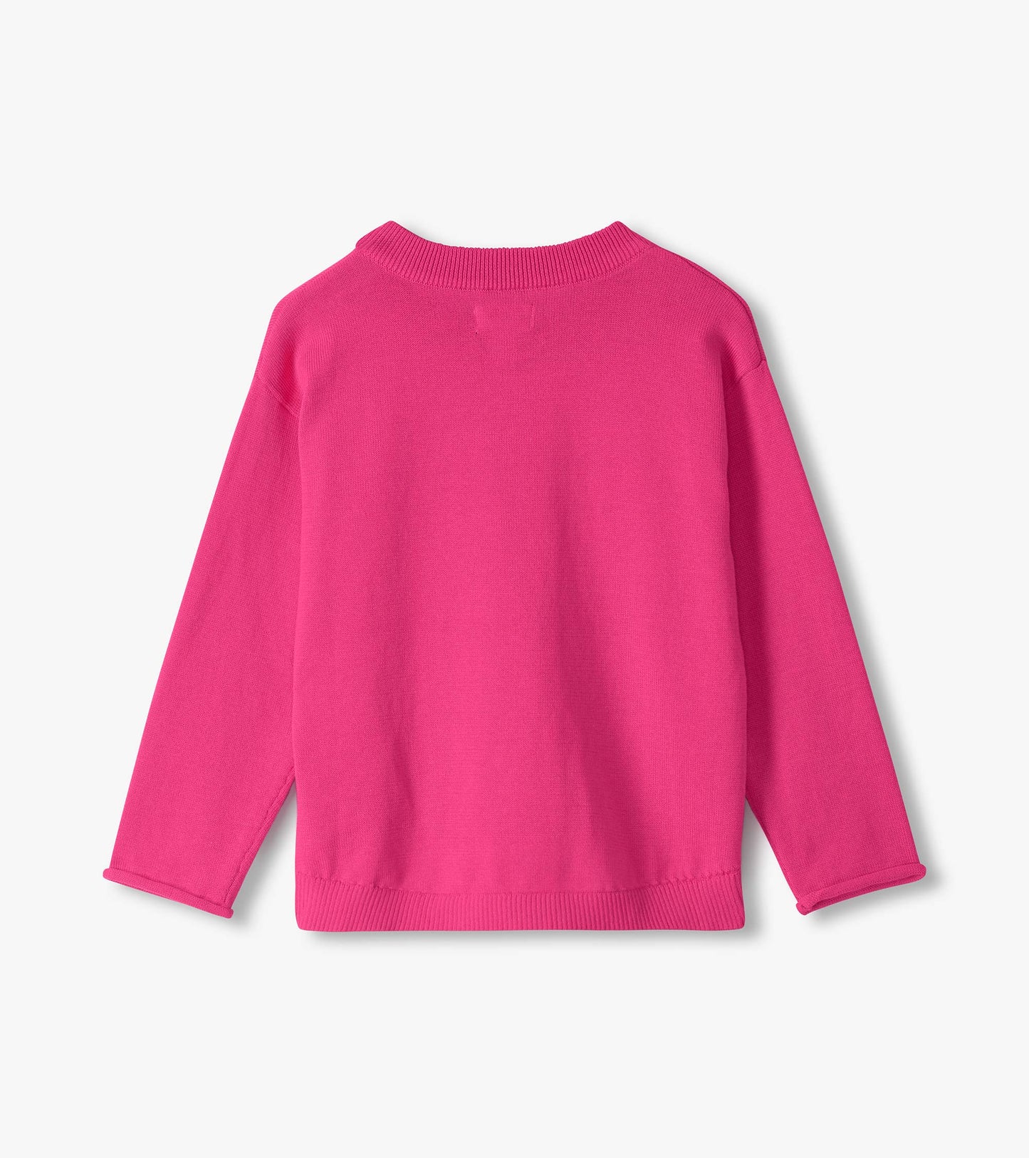 Back view of bright pink long sleeve crew neck sweater with ribbed hem