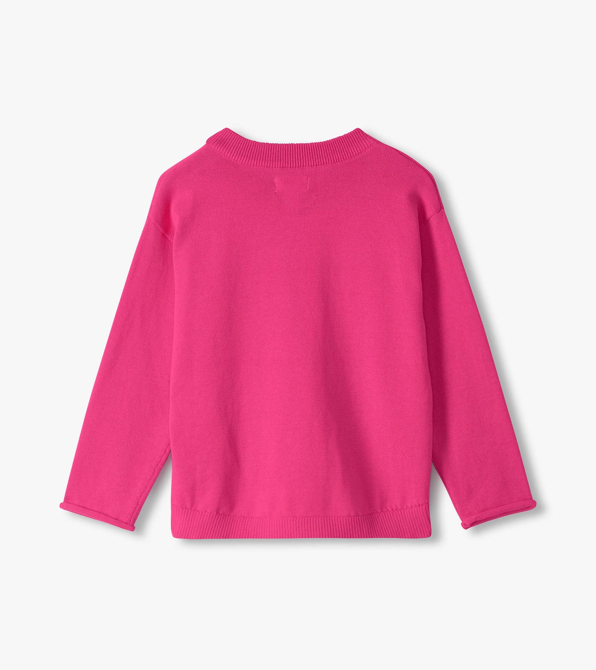 Back view of bright pink long sleeve crew neck sweater with ribbed hem