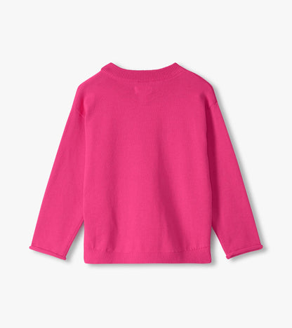Back view of bright pink long sleeve crew neck sweater with ribbed hem