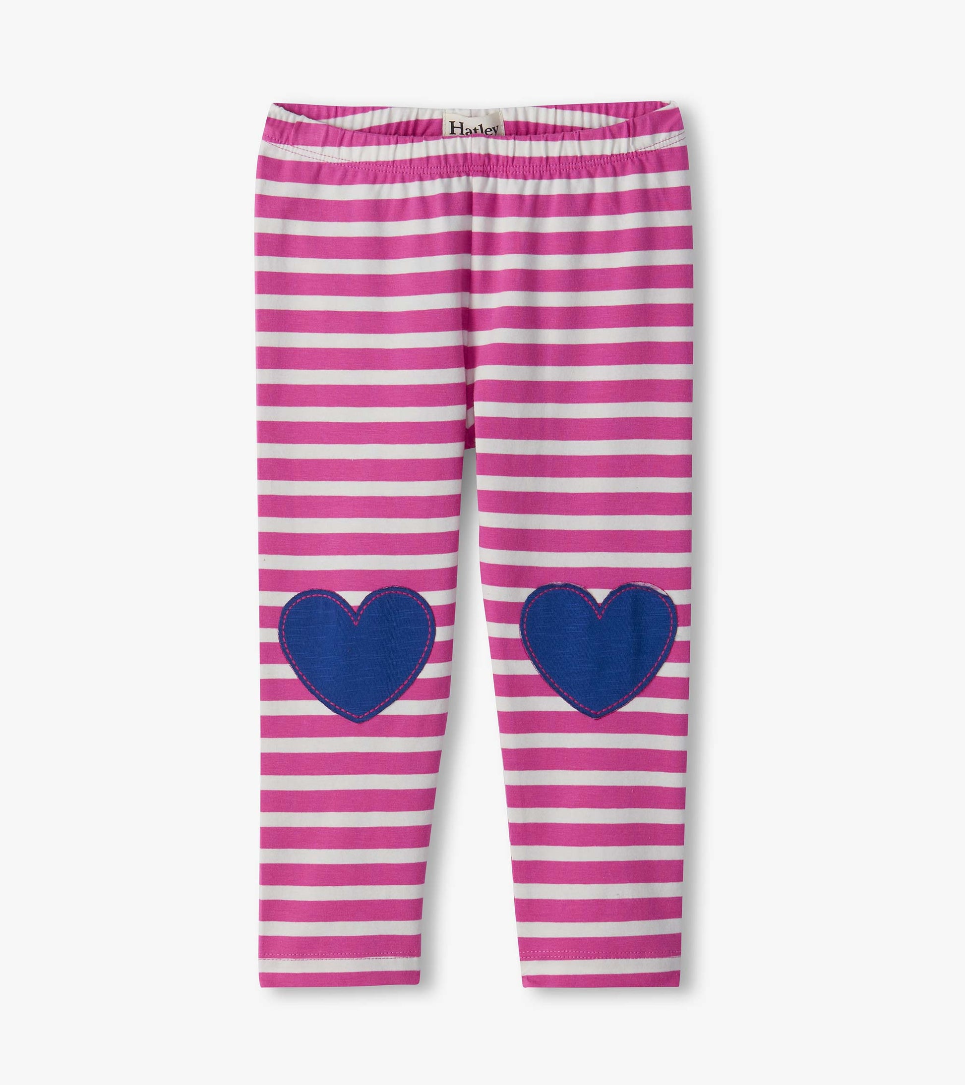 Pink and white striped infant leggings with blue heart patches on the knees