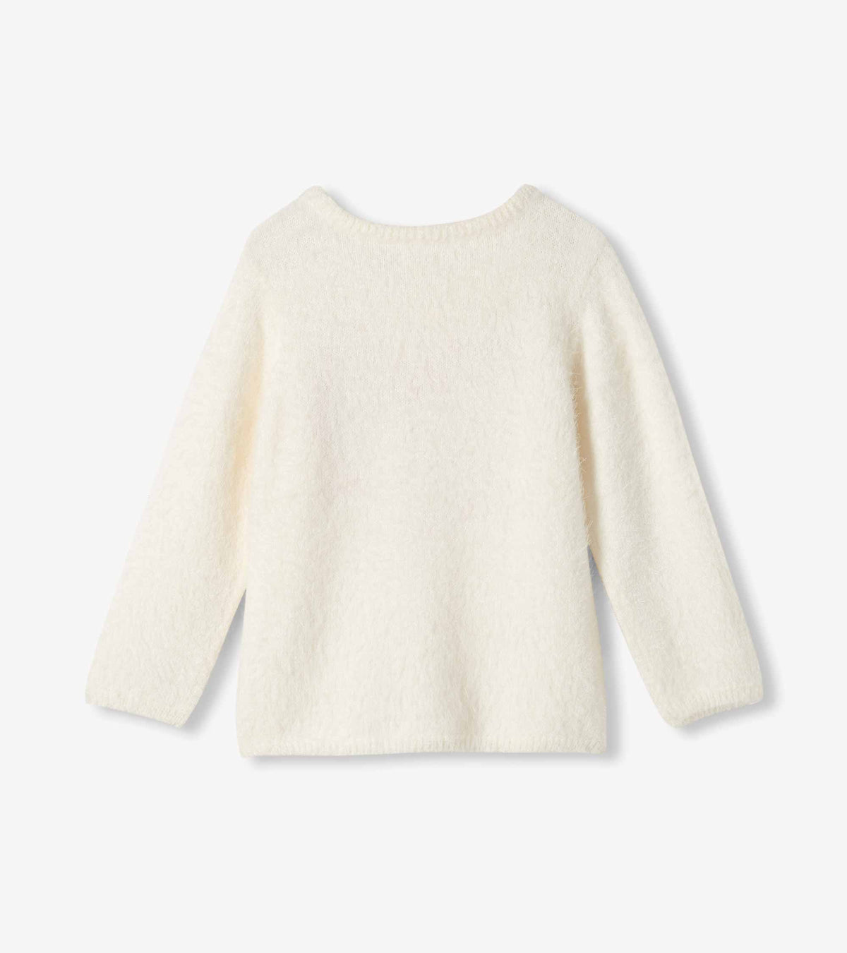 Back view of girls cream fuzzy long sleeve sweater