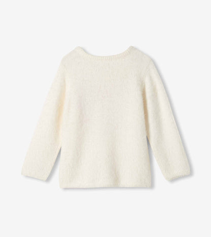 Back view of girls cream fuzzy long sleeve sweater