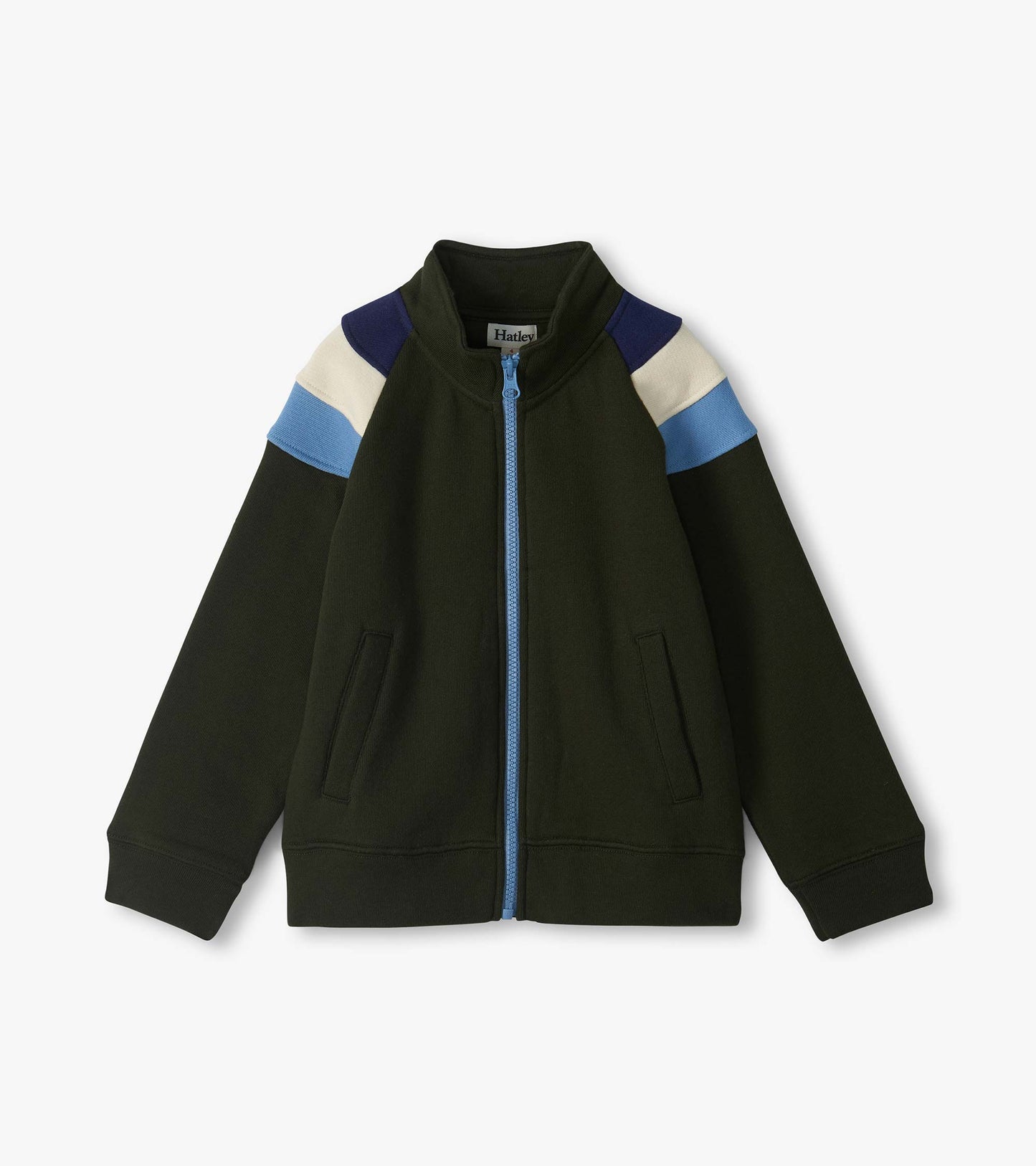 Rosin mock neck jacket in dark green with blue zip and blue, cream, and navy shoulder panels