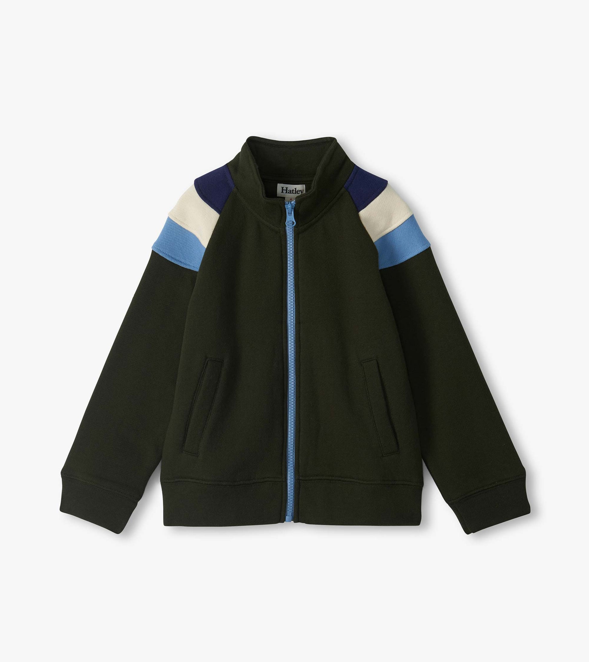 Rosin mock neck jacket in dark green with blue zip and blue, cream, and navy shoulder panels