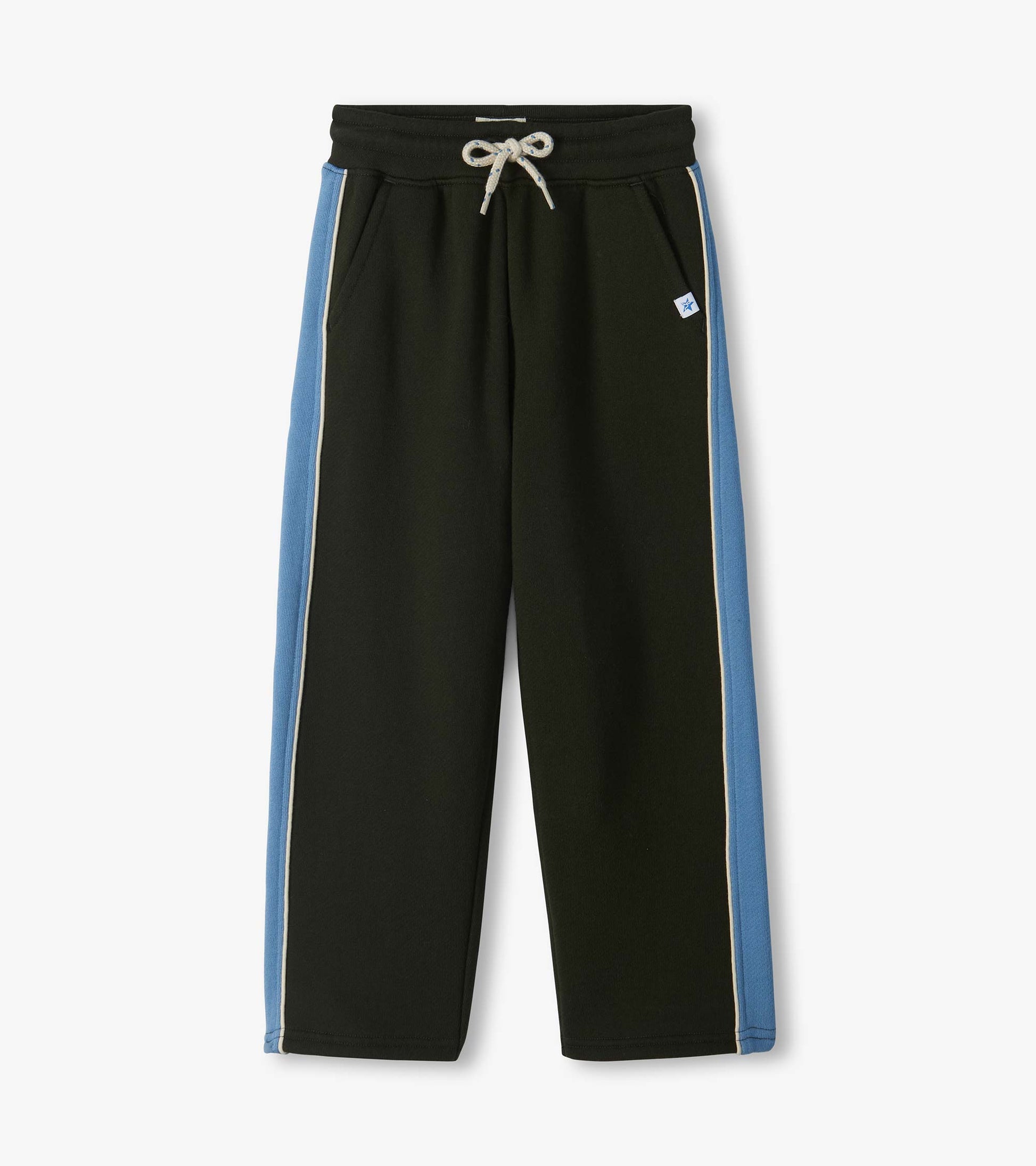 Black athletic pants with blue side panels, white piping, front pockets, and drawstring waist