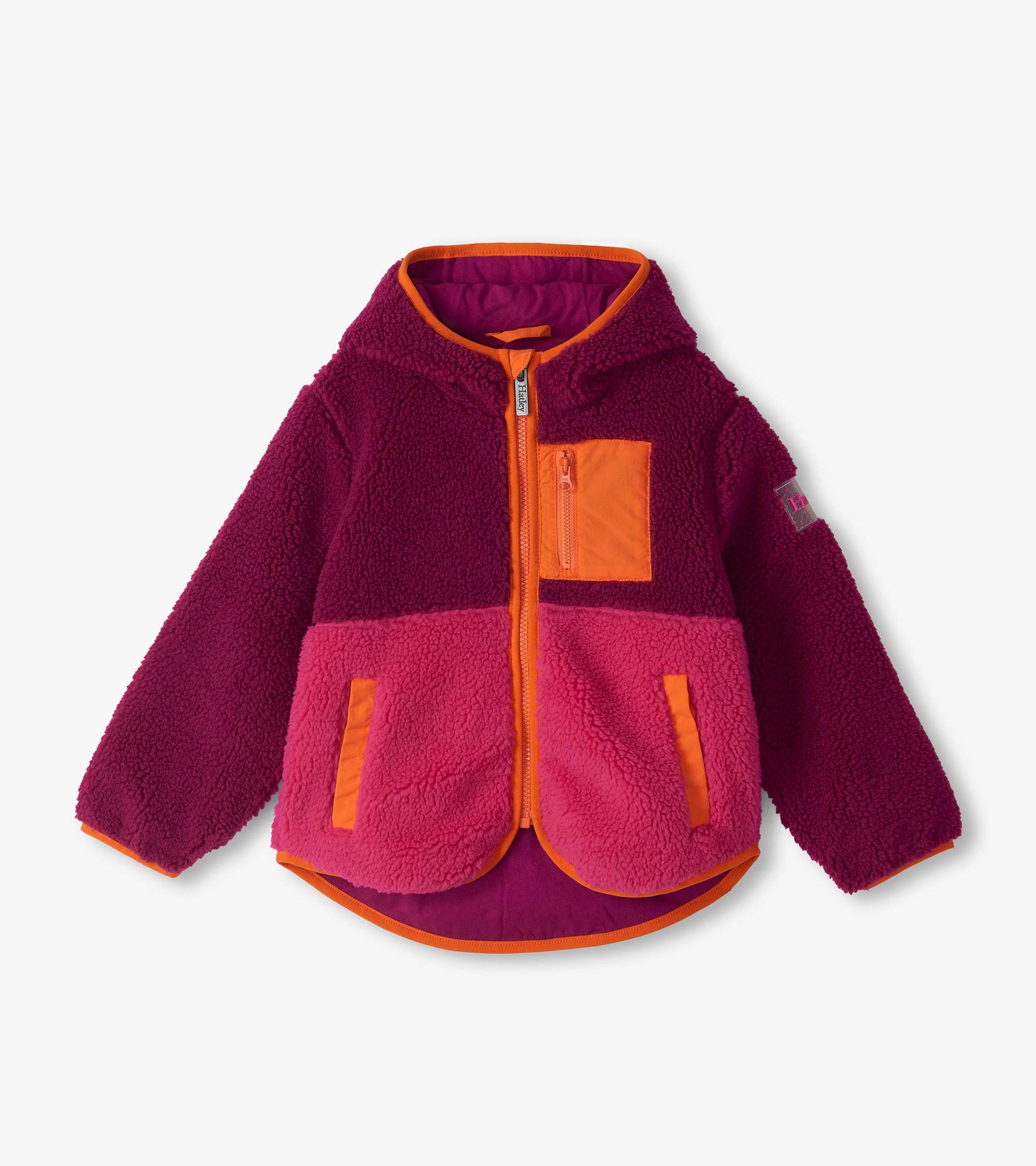 Kids hooded sherpa jacket in raspberry and pink with orange trim, zip front, chest pocket, and front pockets