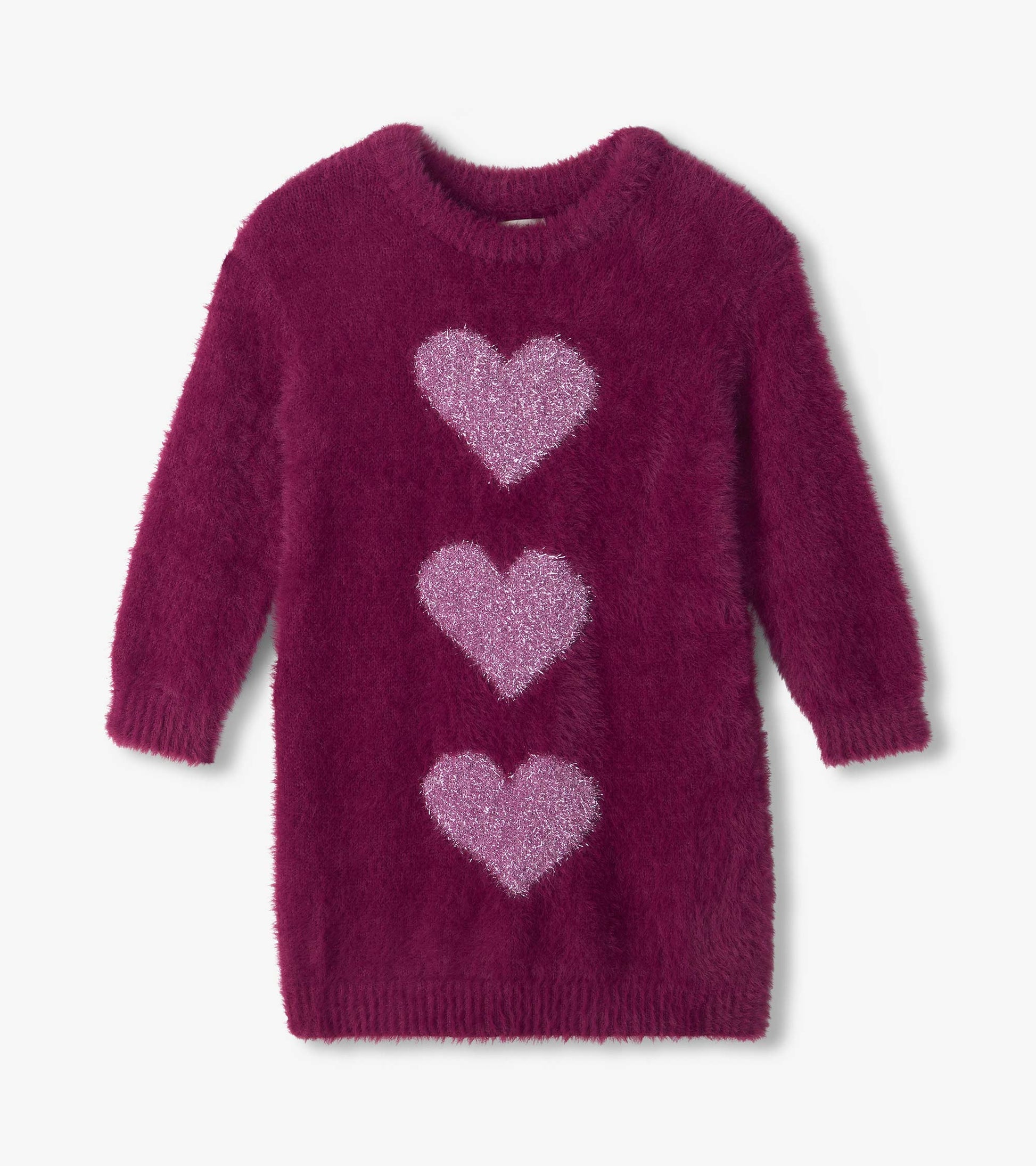 Raspberry sweater dress with long sleeves and three pink heart motifs down the front