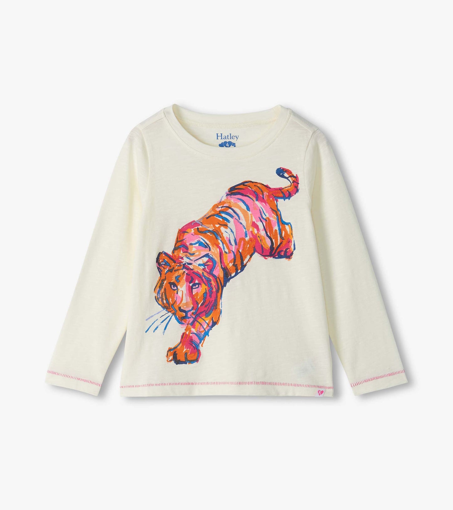 Cream long sleeve tee with colorful tiger graphic on the front and pink stitching at the hem