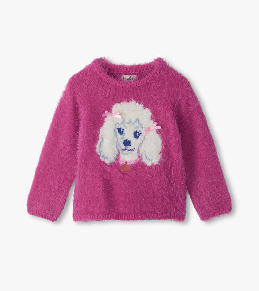 Bright pink fuzzy knit sweater with a white poodle graphic and two pink bows on the front