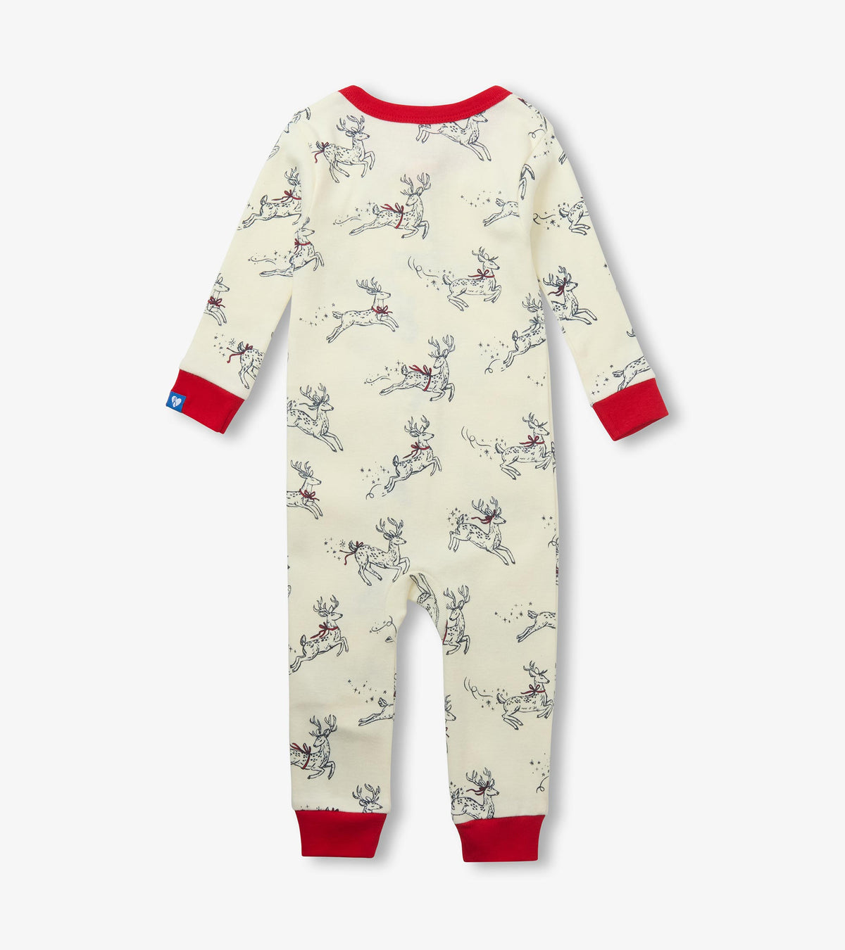 Back view of baby sleeper in cream with reindeer print, red neckline, cuffs, and ankle hems