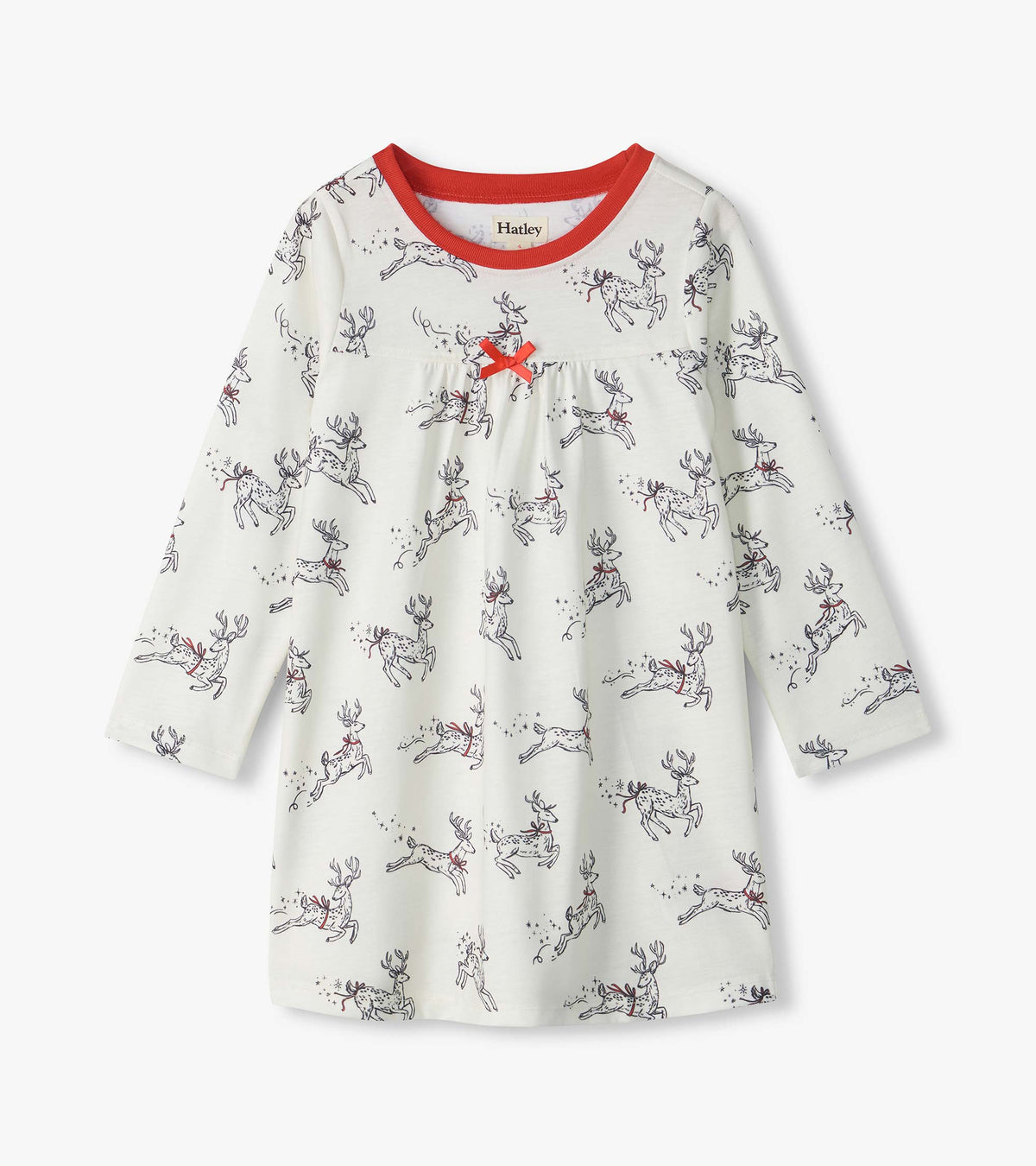 Girls white long-sleeve nightdress with leaping reindeer print, red neckline, and red bow at the chest