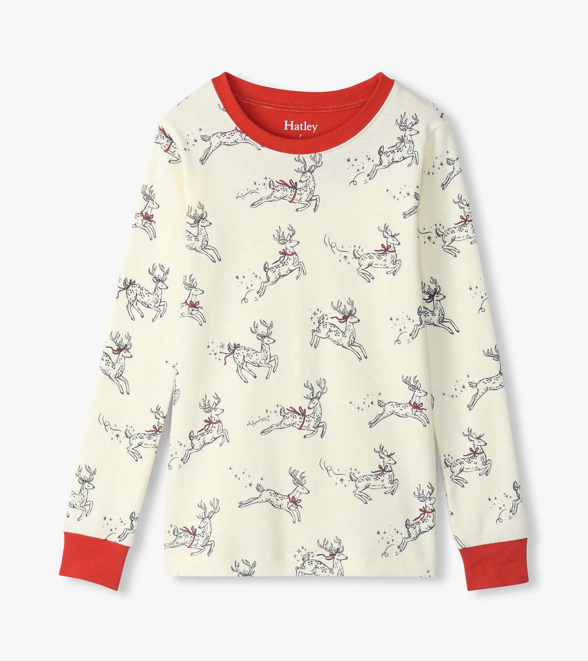 Girls cream pajama top with leaping reindeer print, red crew neckline and red sleeve cuffs