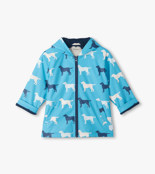 Front view of blue hooded rain coat with white and navy dog print, zip front, and angled flap pockets