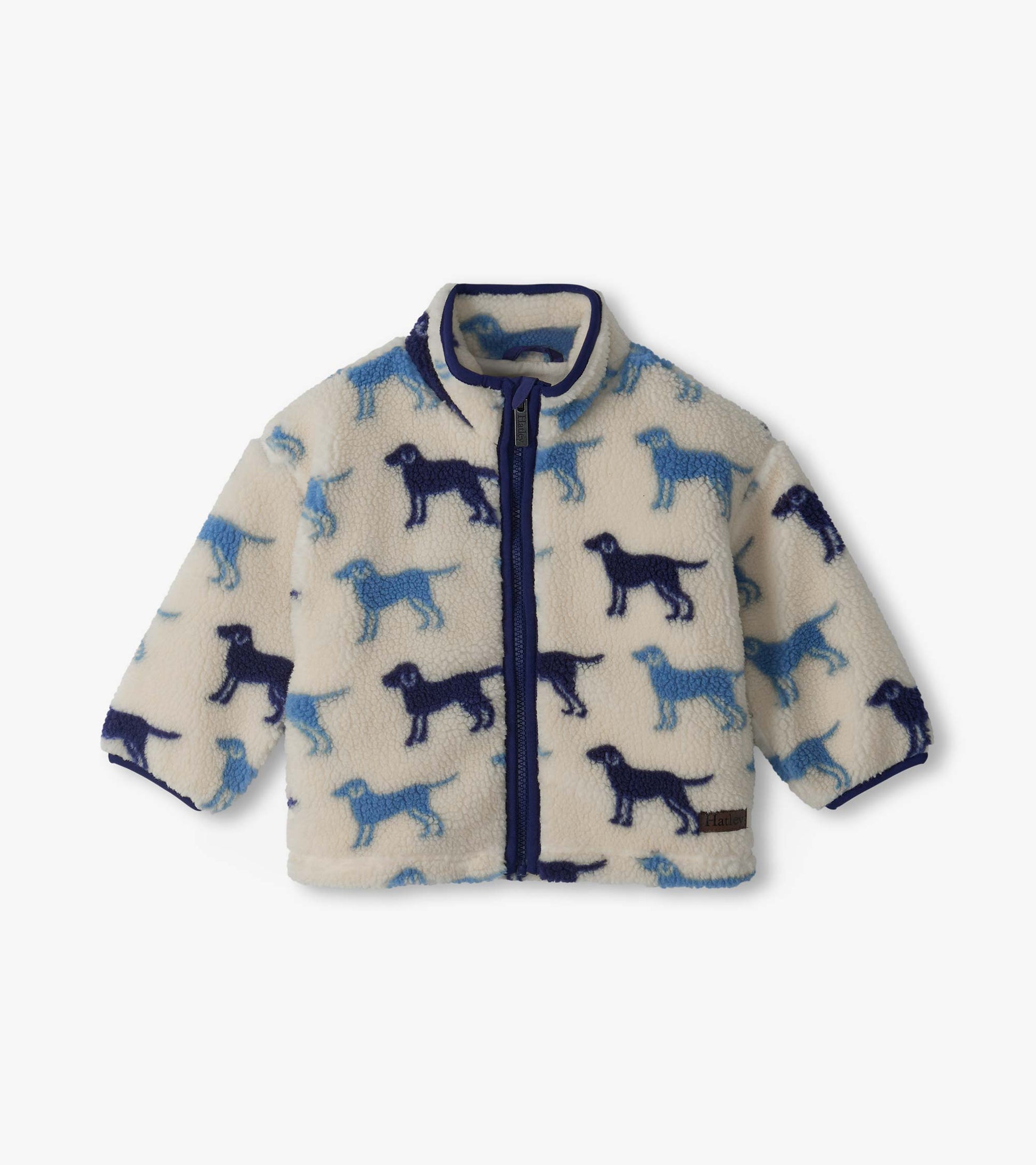 Infant mock neck zip jacket in cream with blue dog silhouette print and navy trim