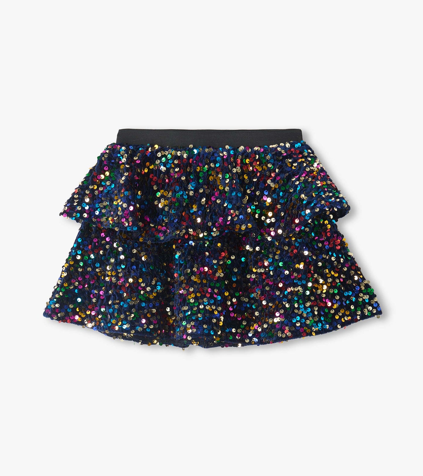 Girls navy flounce skirt with tiered ruffles and multicolor coin sequins