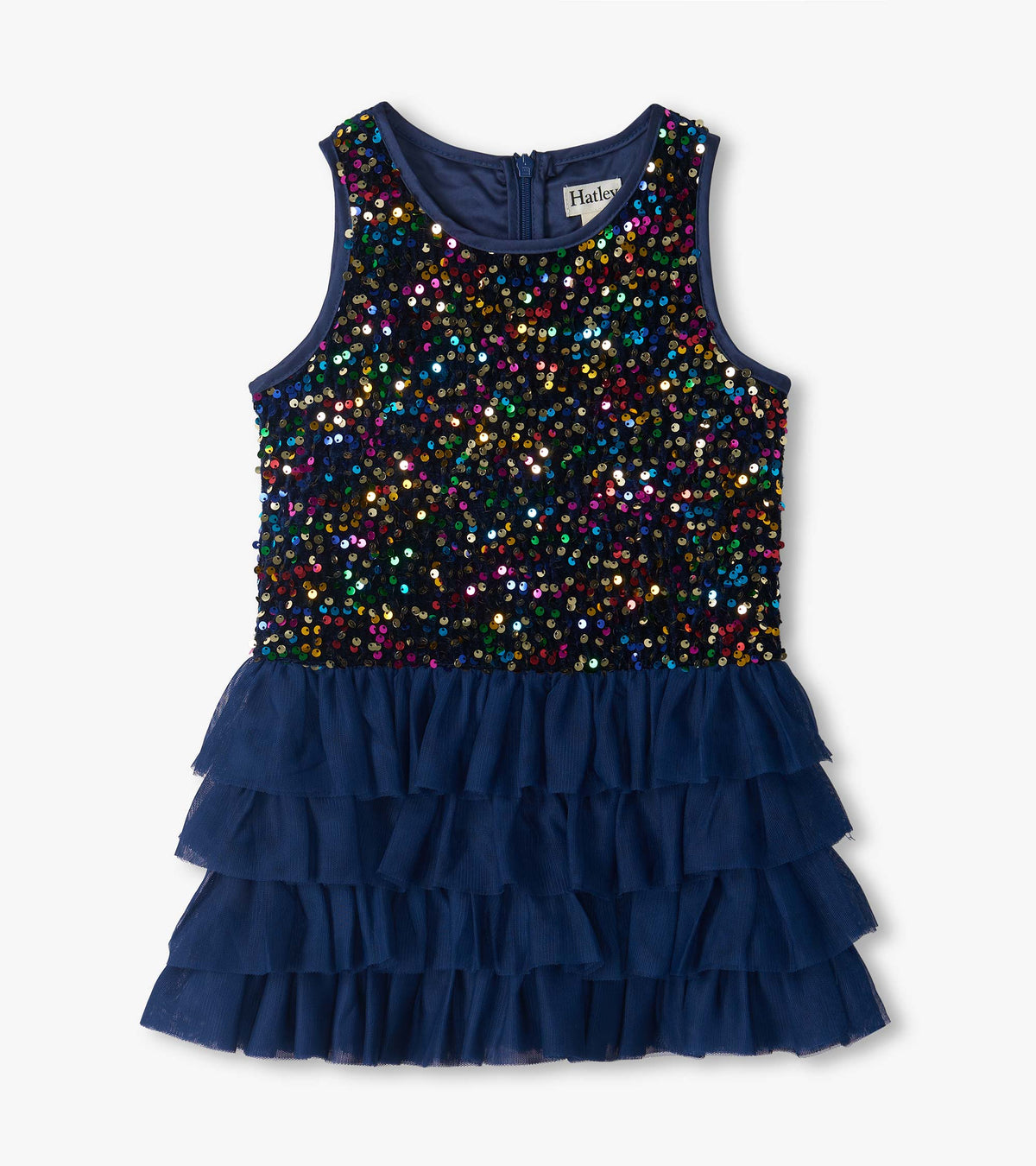 Front view of girls sleeveless navy dress with multicolor sequin bodice and tiered tulle skirt