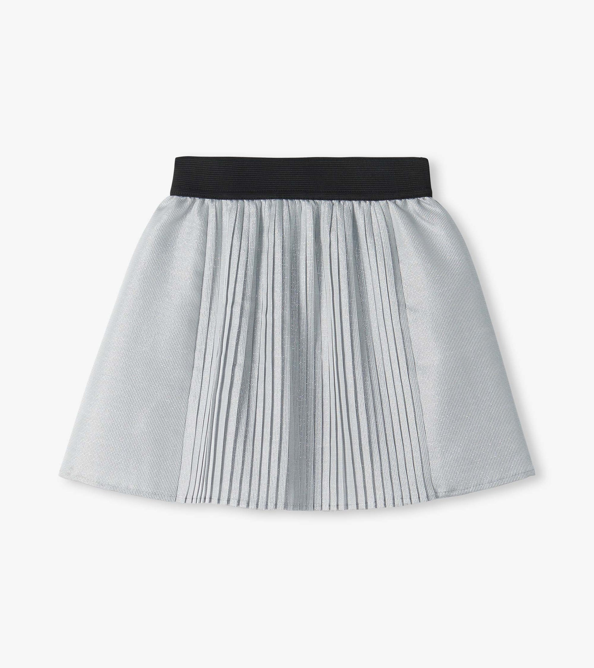 Silver glitter skirt with a black elastic waistband and pleated front panel