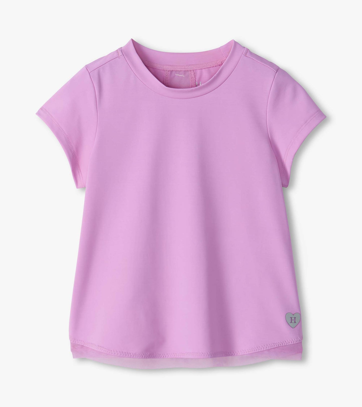 Front view of lilac short sleeve tee with mesh hem trim and small heart patch at the lower corner