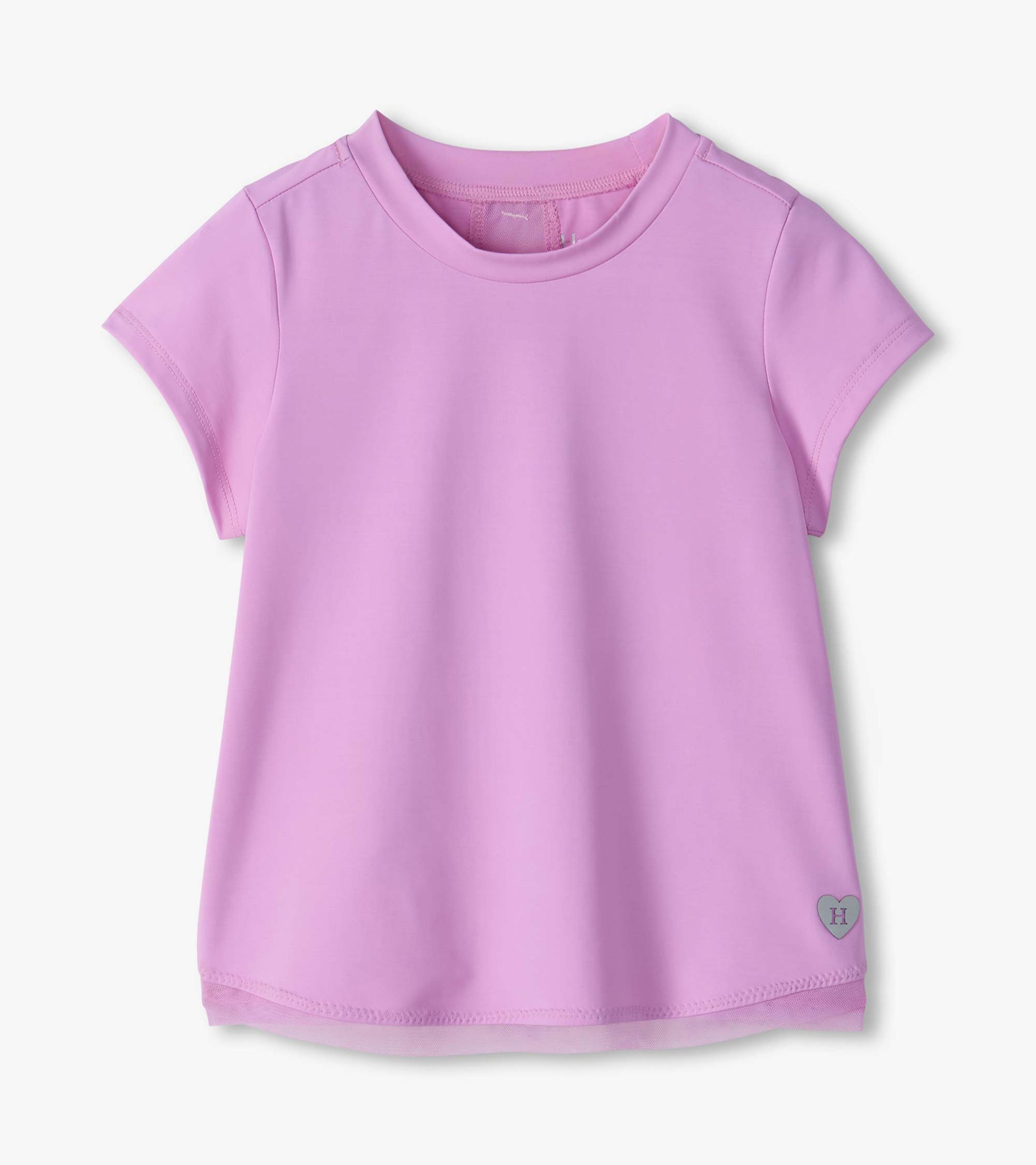 Front view of lilac short sleeve tee with mesh hem trim and small heart patch at the lower corner