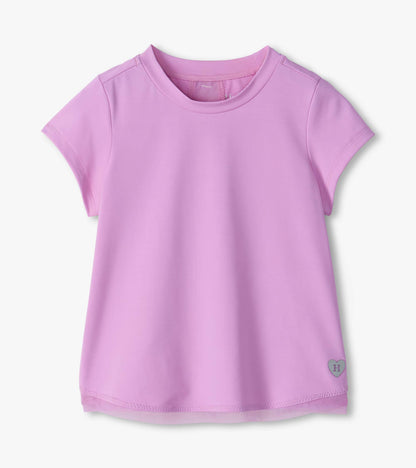 Front view of lilac short sleeve tee with mesh hem trim and small heart patch at the lower corner