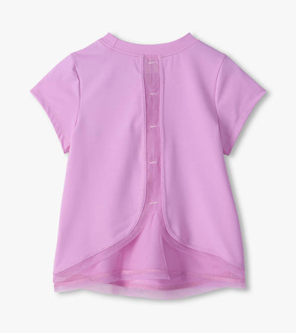 Back view of lilac short sleeve tee with center mesh panel and layered mesh hem trim
