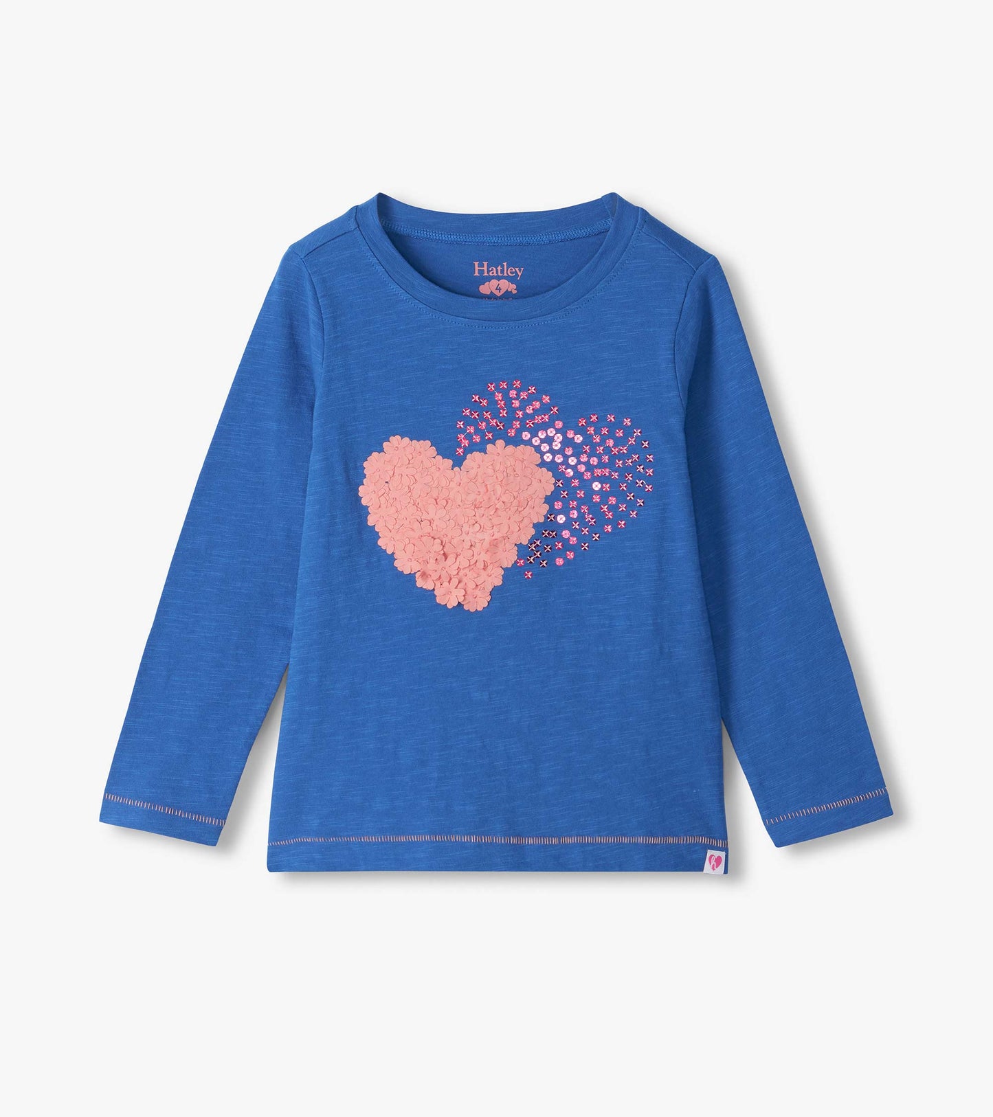 Blue long sleeve tee with two pink heart graphics on the front and stitched trim at the cuffs and hem