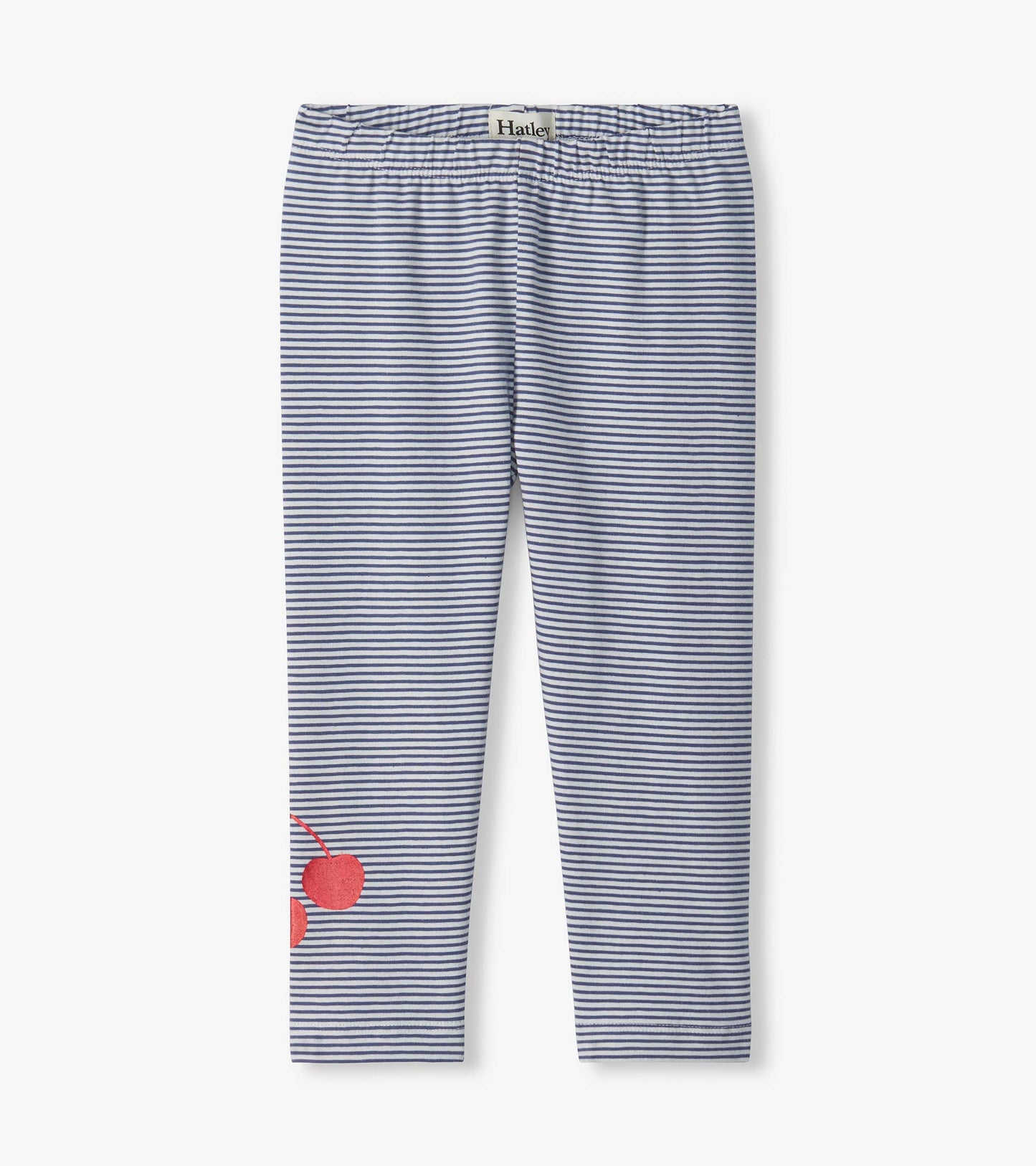 Infant leggings with blue and white stripes, elastic waist, and red cherry detail on one leg