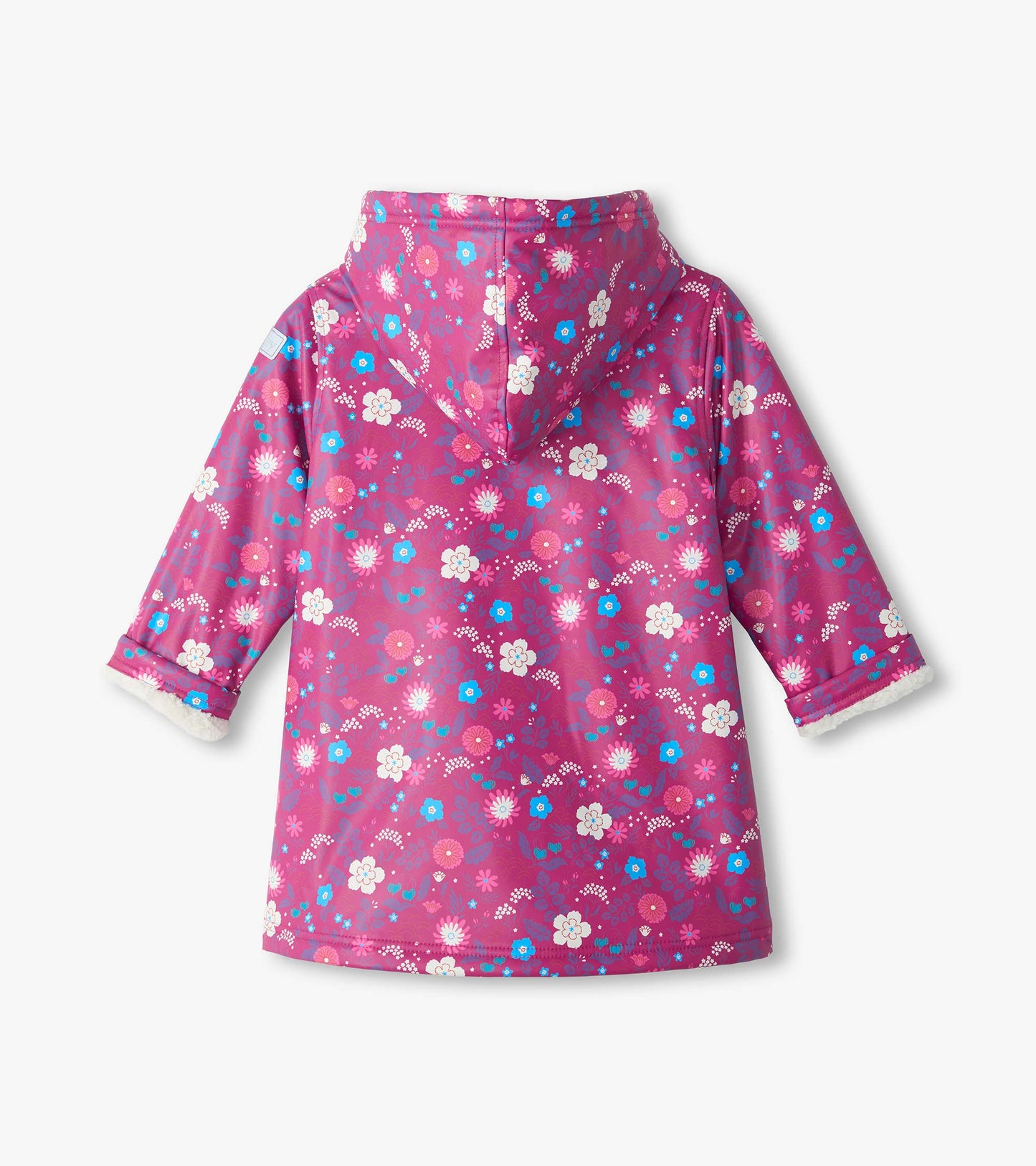 Back view of kids pink hooded jacket with allover floral print and cream sherpa lining at the cuffs