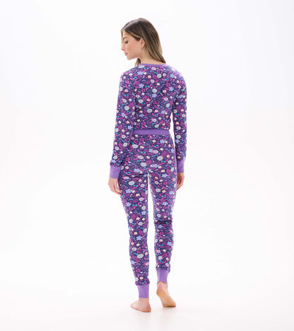 Back view of purple floral PJ set with long sleeves, jogger pants, and lavender cuffs