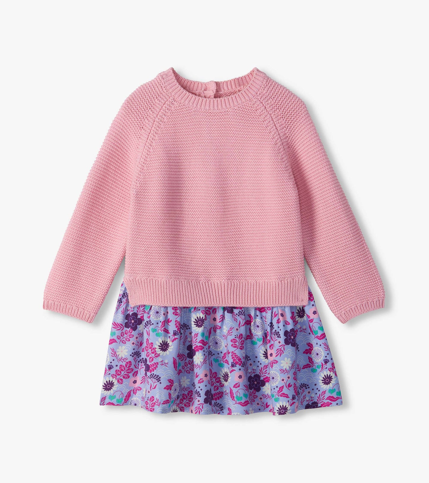 Infant mixed media dress with pink long-sleeve sweater top and blue floral skirt