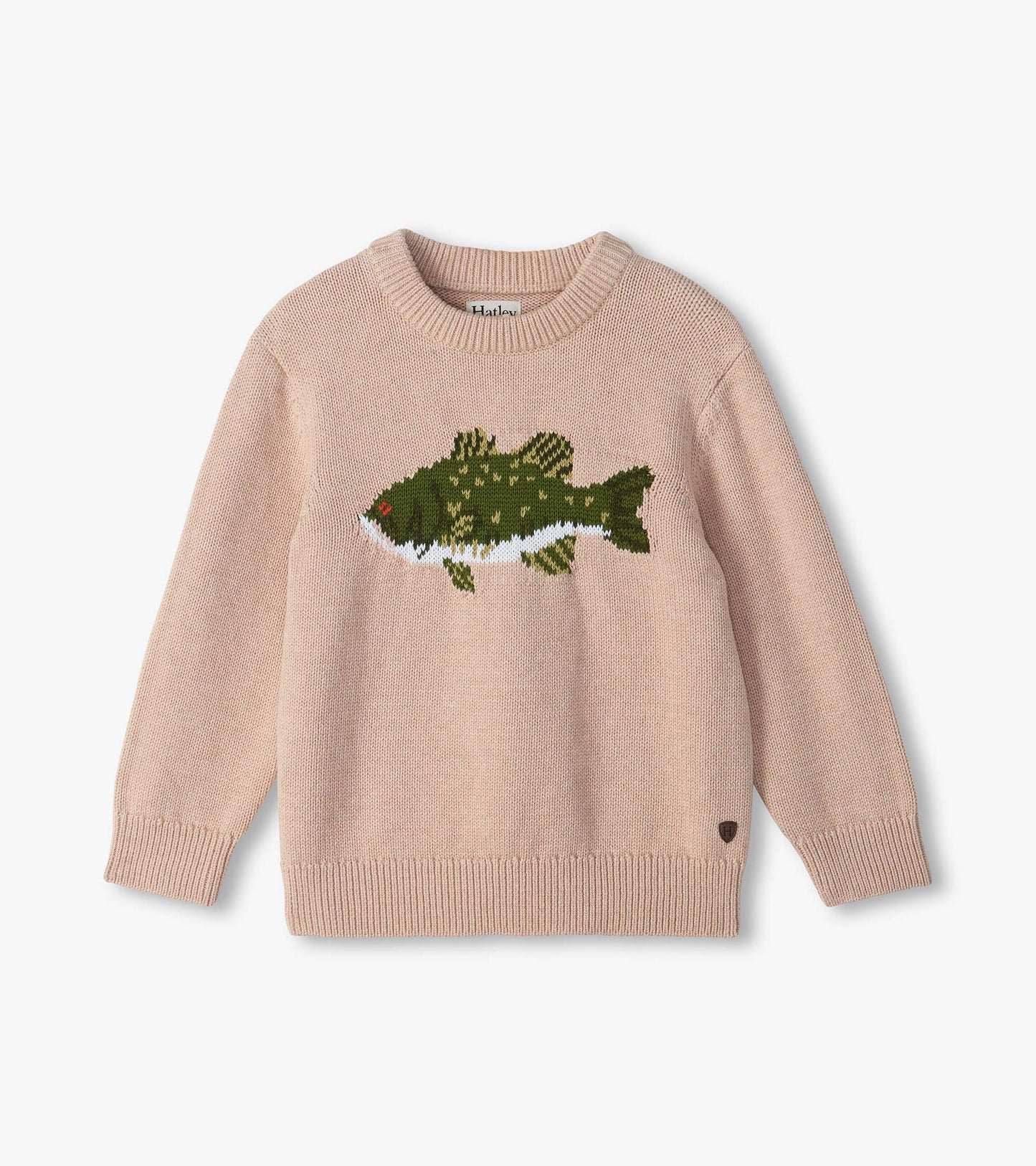 Light pink crew neck sweater with a large green fish motif on the front