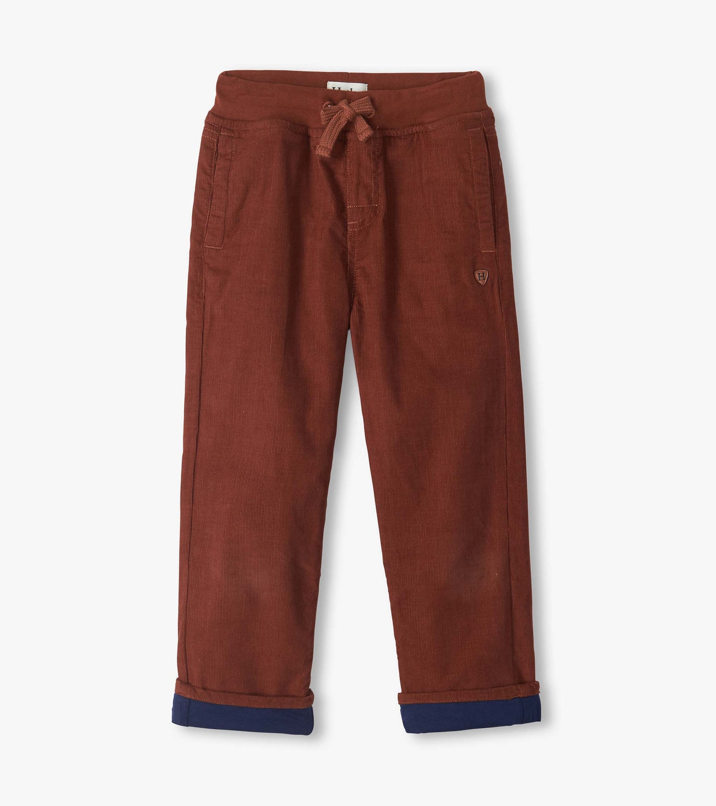 Front view of boys' tortoise brown pull-on pants with drawstring waist, front pockets, and rolled cuffs