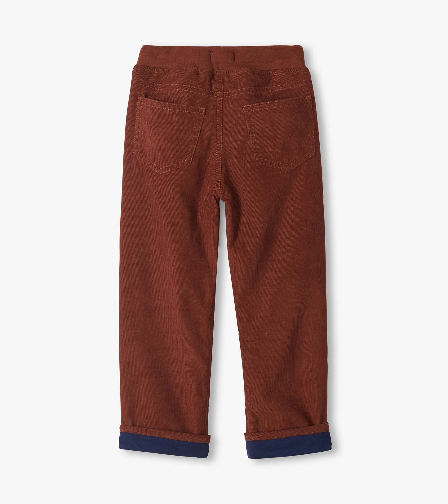 Back view of boys' tortoise brown pull-on pants with two back patch pockets and rolled cuffs
