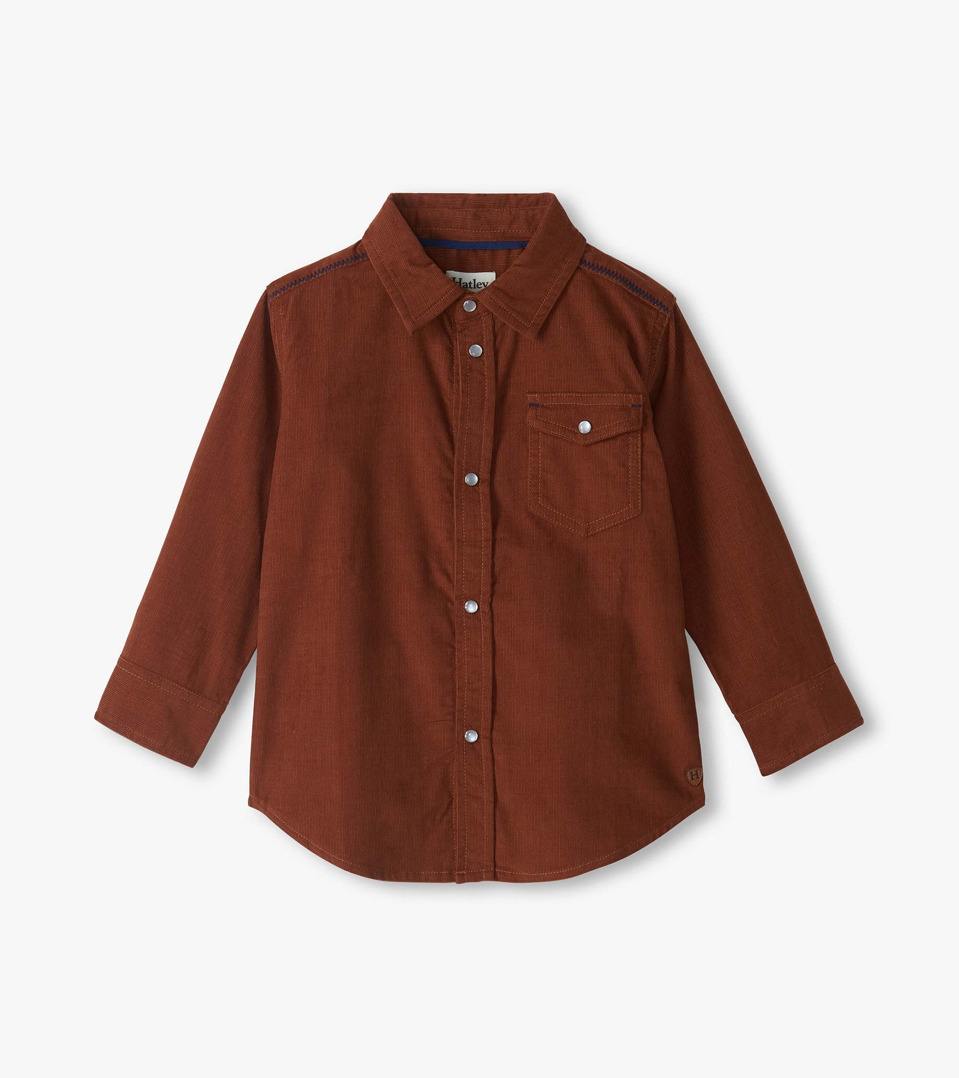 Front view of boys' tortoise brown button-down shirt with collar, snap buttons, and chest pocket