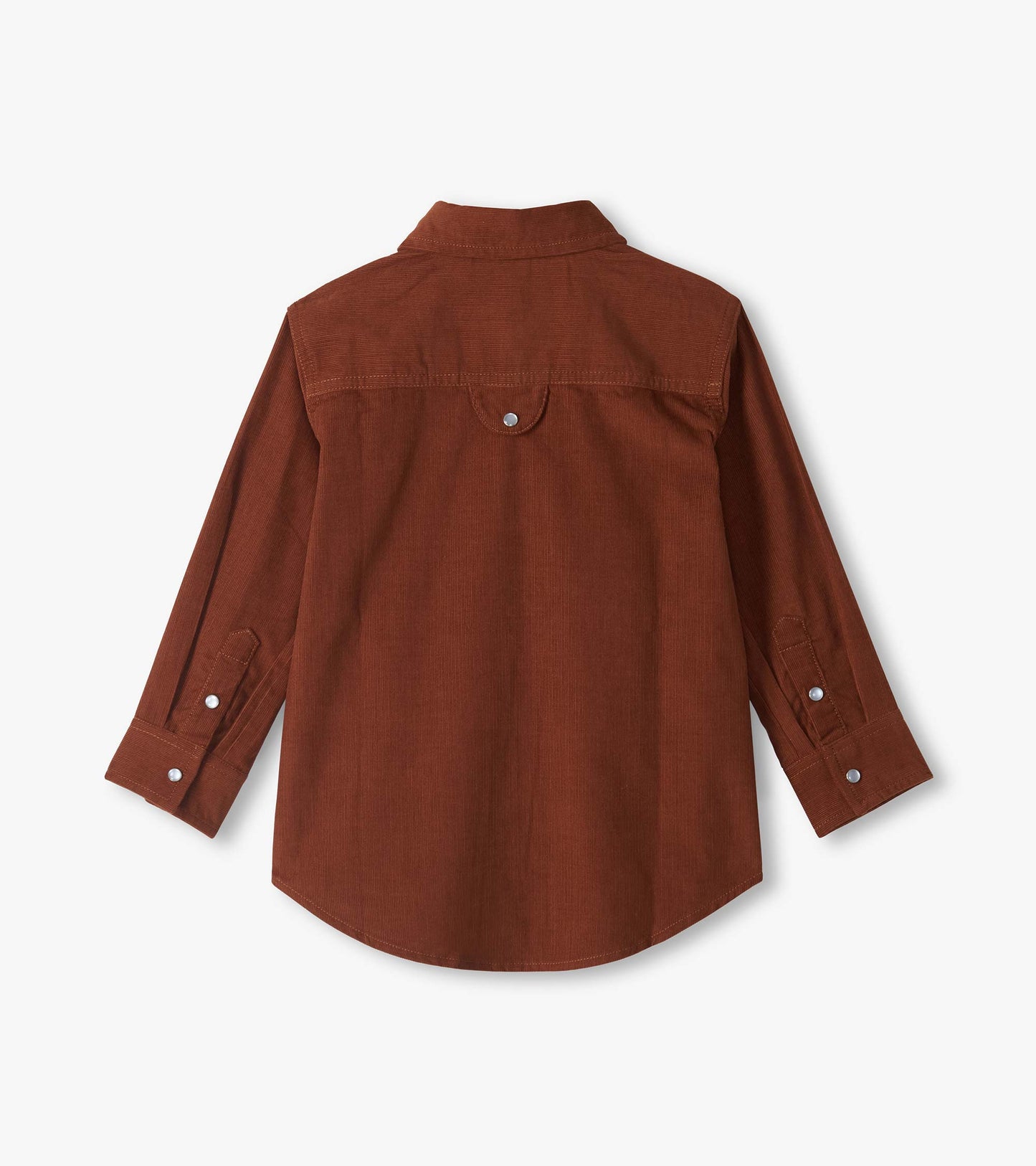 Back view of boys' tortoise brown button-down shirt with long sleeves and curved hem